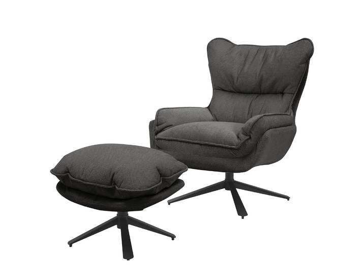 Loungesessel PIPAL mit Hocker Schwarz/Grau/Anthrazit Chenille 80 x 92 x 95cm