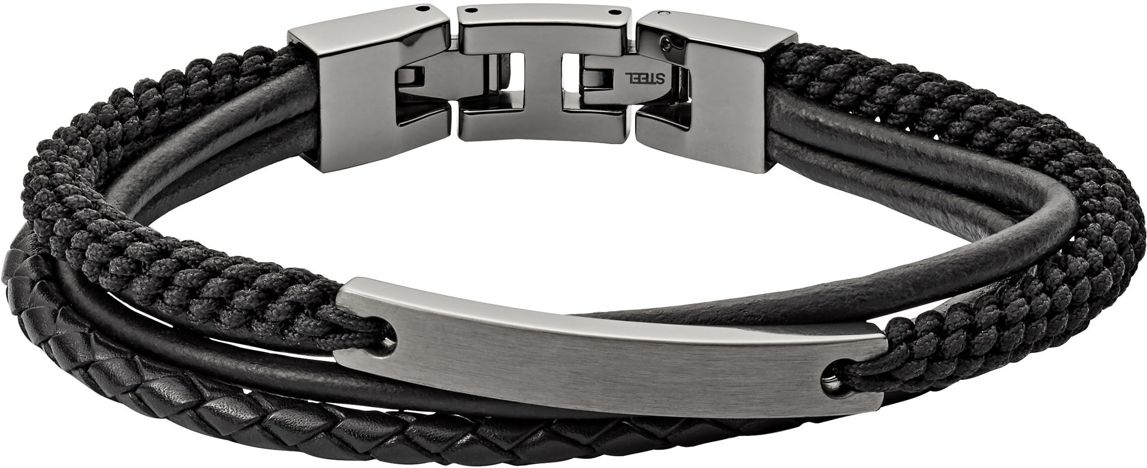 Armband FOSSIL "Schmuck Geschenk Edelstahl Leder VINTAGE CASUAL", grau (anthrazit, schwarz), Armbänder, Damen, Edelstahl Leder, Edelstahl, Leder, Armband