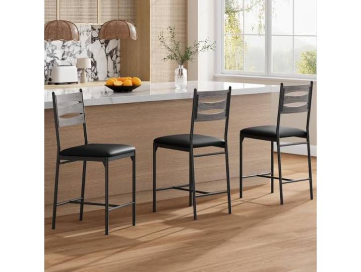 IDEALHOUSE Barhocker Set mit Rückenlehne & Fußstütze – Gepolsterter Thekenhocker aus Kunstleder (PU) mit Holzgestell, für Kücheninsel/Essbereich, Grey, 2-Pack