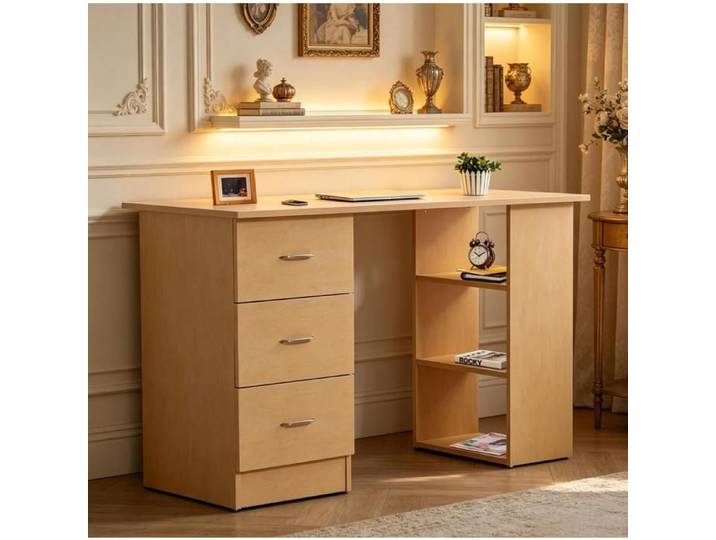 Bureau informatique effet bois rangements réversibles à gauche ou à droite 3 tiroirs 3 étagères ouvertes