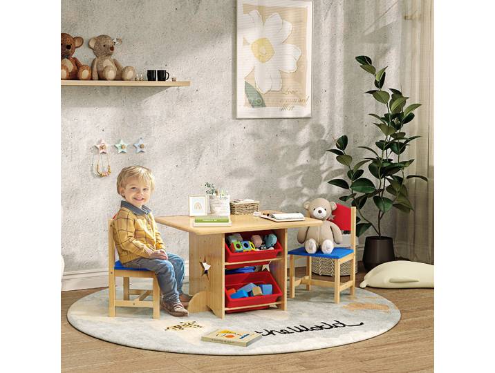 AIYAPLAY Table Enfant Bois 3 Pièces avec 4 Bacs de Rangement