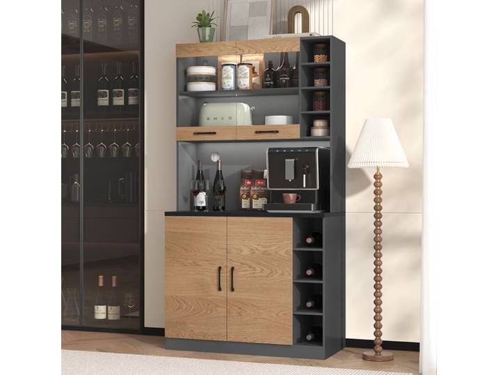 Buffet haut de cuisine-éclairage d'ambiance LED- étagères latérales réglables-autonome-100x 47x 187cm
