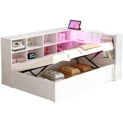 Schlafsofa 90x200 cm mit Multifunktionssteckdose und LED-Beleuchtung – elegantes Massivholzdesign in Weiß