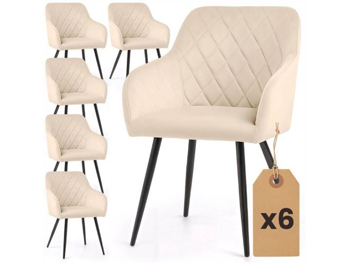 Lot de 6 Chaises en velours matelassées en losanges VELTO Beige pieds noirs