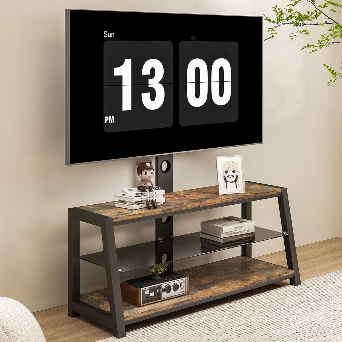 MODENUIT Tv-Meubel met draaibare tv-standaard en 3 planken, Bruin