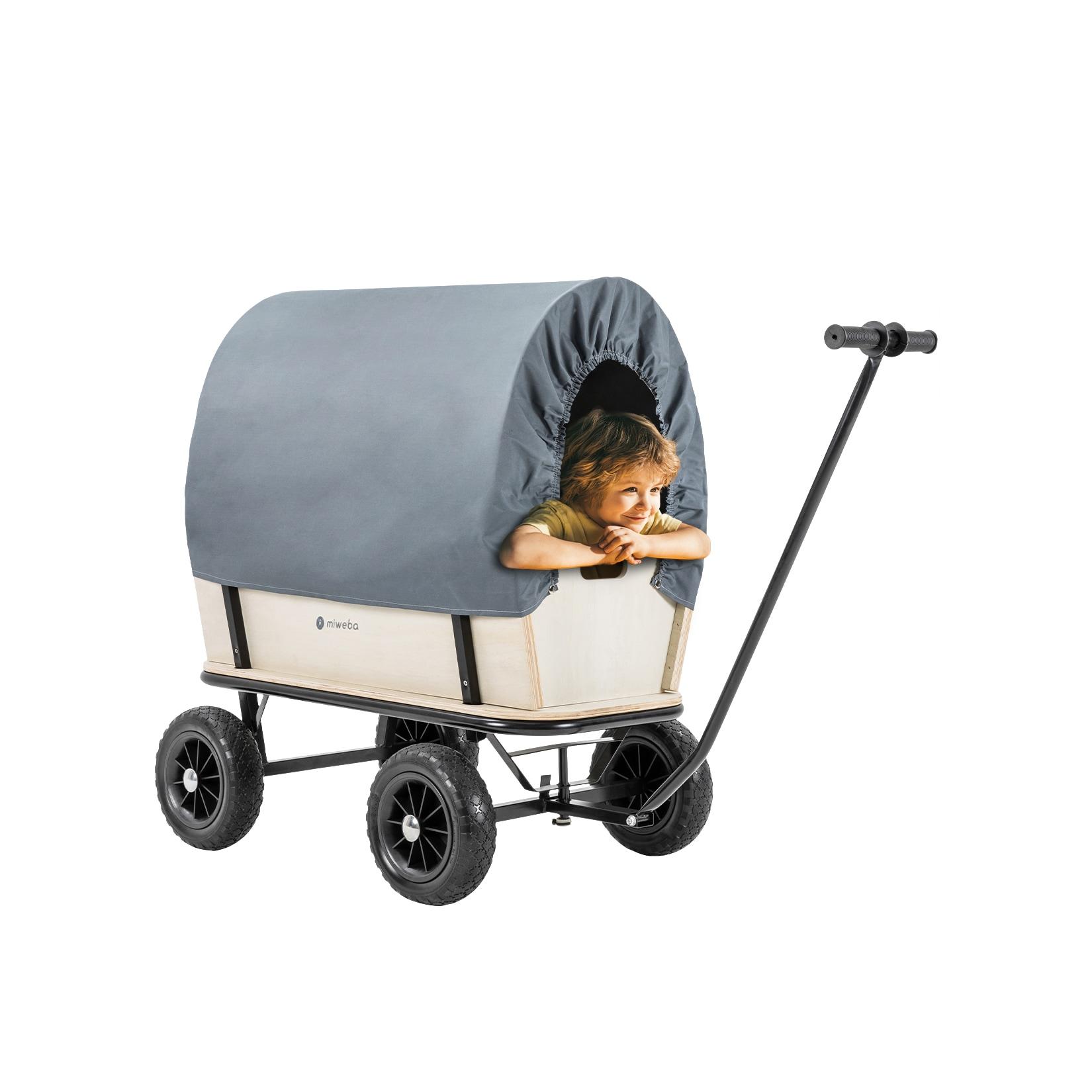 Miweba Holz-Bollerwagen Canvas, mit Dach, deichselgeführte Lenkachse, 180 kg, Profilreifen, Stahl