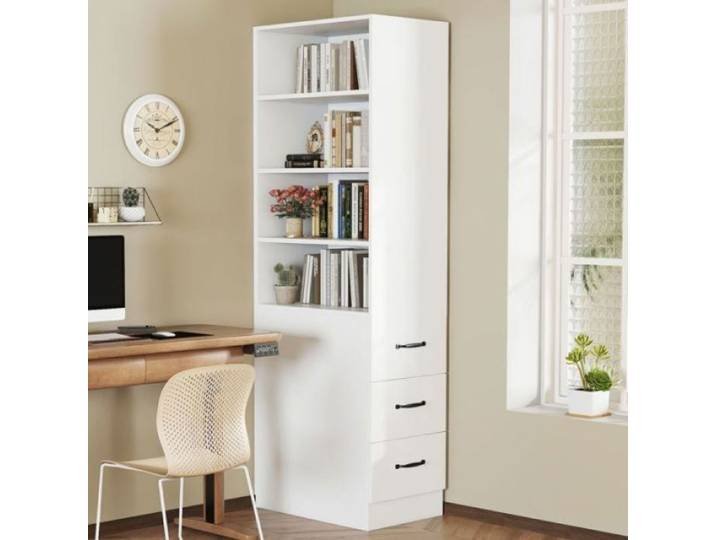Bibliothèque scandinave configurable 180 cm meuble haut étroit 4 espaces ouverts 3 tiroirs montage gauche ou droite