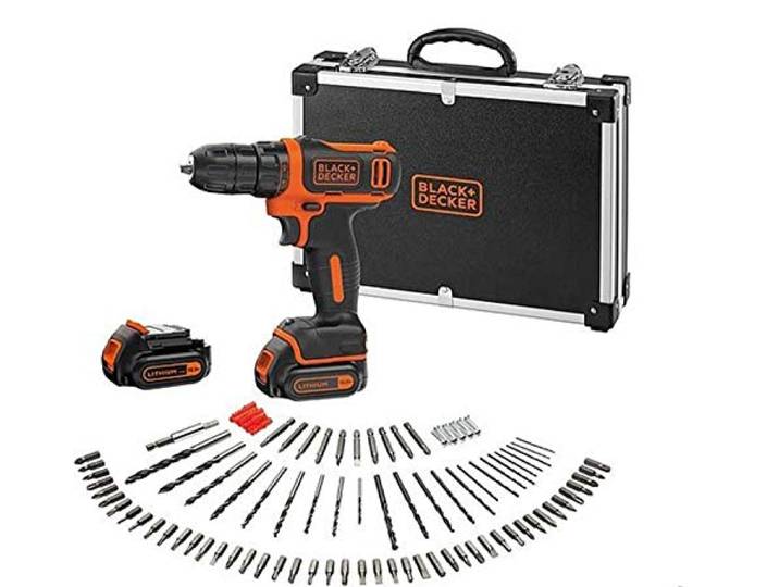 BLACK+DECKER BDCDD12BAFC-QW Perceuse visseuse sans fil - Chargeur inclus - 100 accessoires - Livrée en coffret en métal\, 12V\, Coffret\, 2 Batteries