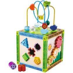 Spielecenter aus Birkenholz - Motorikschleife & 4 Spiele - Lernspielzeug für Kinder ab 12 Monaten - Fördert Motorik & Hand-Auge-Koordination - 20x20x37cm