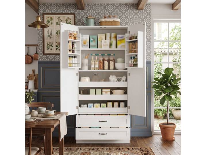 Buffet de Cuisine 80x38x180cm Grand Rangement Coulissant Design Soigné Style Ferme moderne 2 Tiroirs 3 Niveaux - Blanc