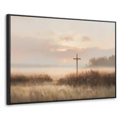 LEINWAND Bilder mit Rahmen - Gras - Morgennebel - Kreuz - Christentum - 150x100