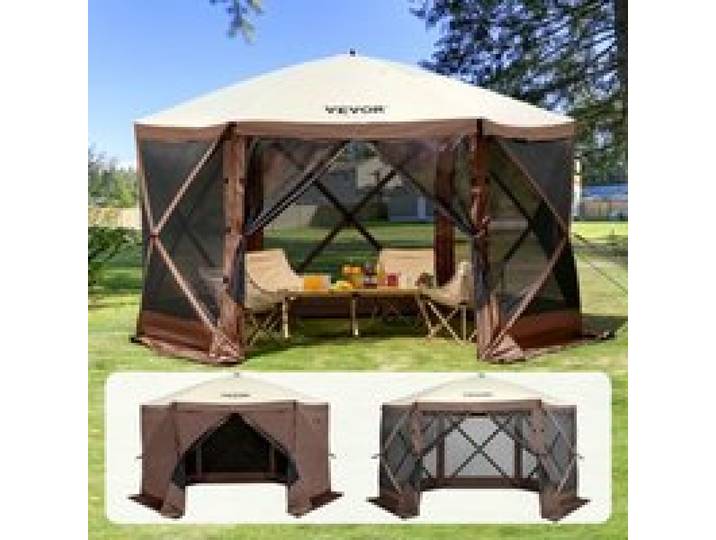 VEVOR Pop-Up-Pavillonzelt, Pop-Up-Zelt mit 6-seitigem Baldachin, Sonnenschutz mit 6 abnehmbaren Sichtschutz-Windtüchern und Netzfenstern, 12,5 x 12,5 Fuß, Schnellaufbau-Zelt mit Moskitonetz, braun