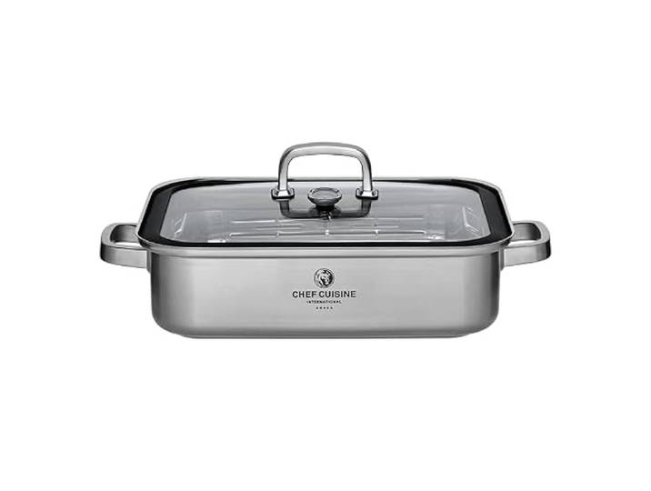 CHEF CUISINE Bräter Edelstahl mit Deckel, Aromadampfgarer, mit Thermometer, 7L, hitzebeständig bis 250° C, für Induktion und Backofen geeignet, spülmaschinengeeignet