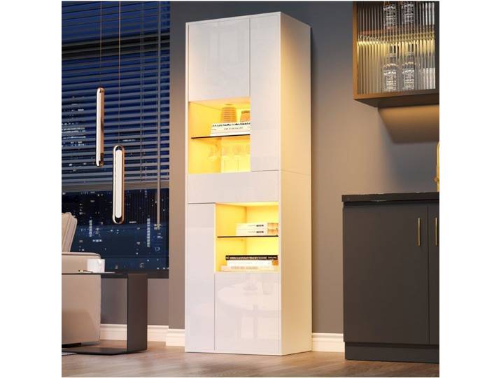 Vitrine haute IVMEU 170 cm blanche brillante avec LED 1 tiroir et 4 rangements verre salon