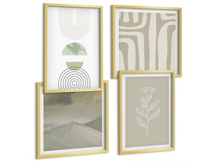 BILDER SET 4er Set - 50x50 cm & 40x60 cm Goldrahmen - Geometrische Pflanzenmuster