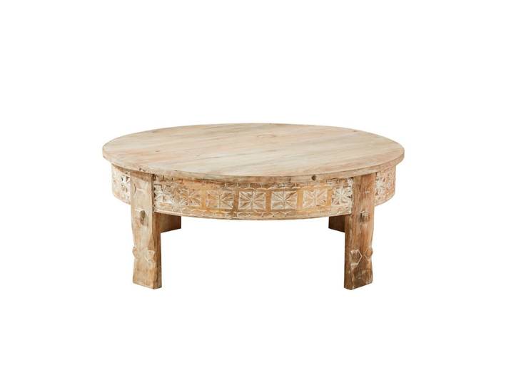 Runder Couchtisch aus massivem, geschnitztem Mangoholz 90 cm
