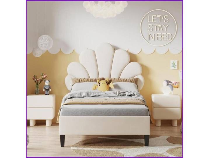 Lit Capitonné Enfant/Adolescent 90x200 cm - Tête de Lit Florale en Velours – Beige