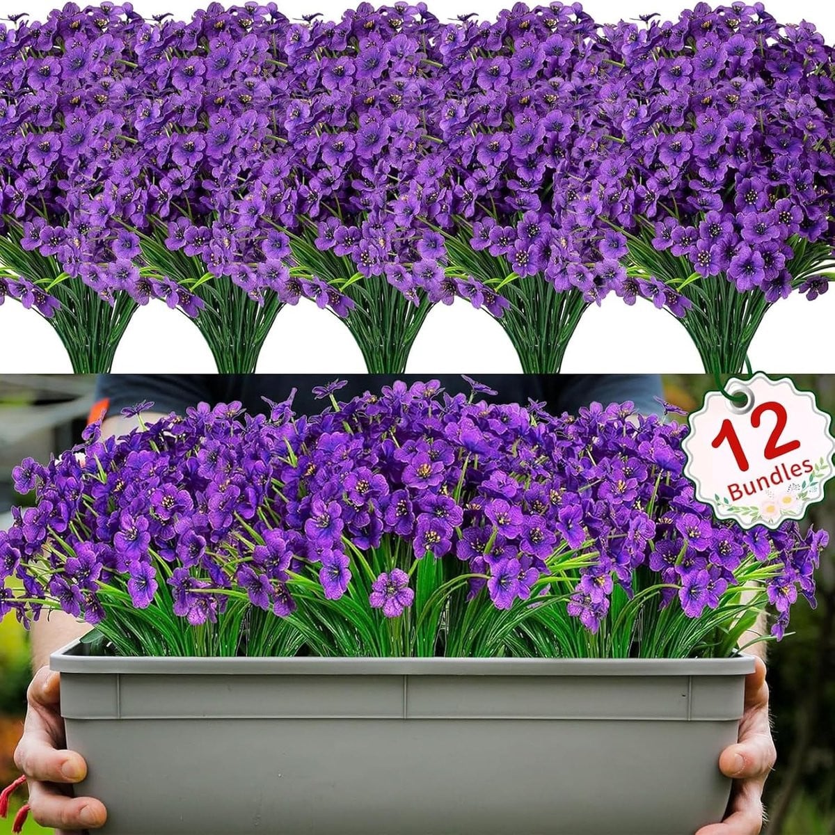 Set van 12 weerbestendige en UV-bestendige kunstbloemen boeketten voor buiten decoratie in lila