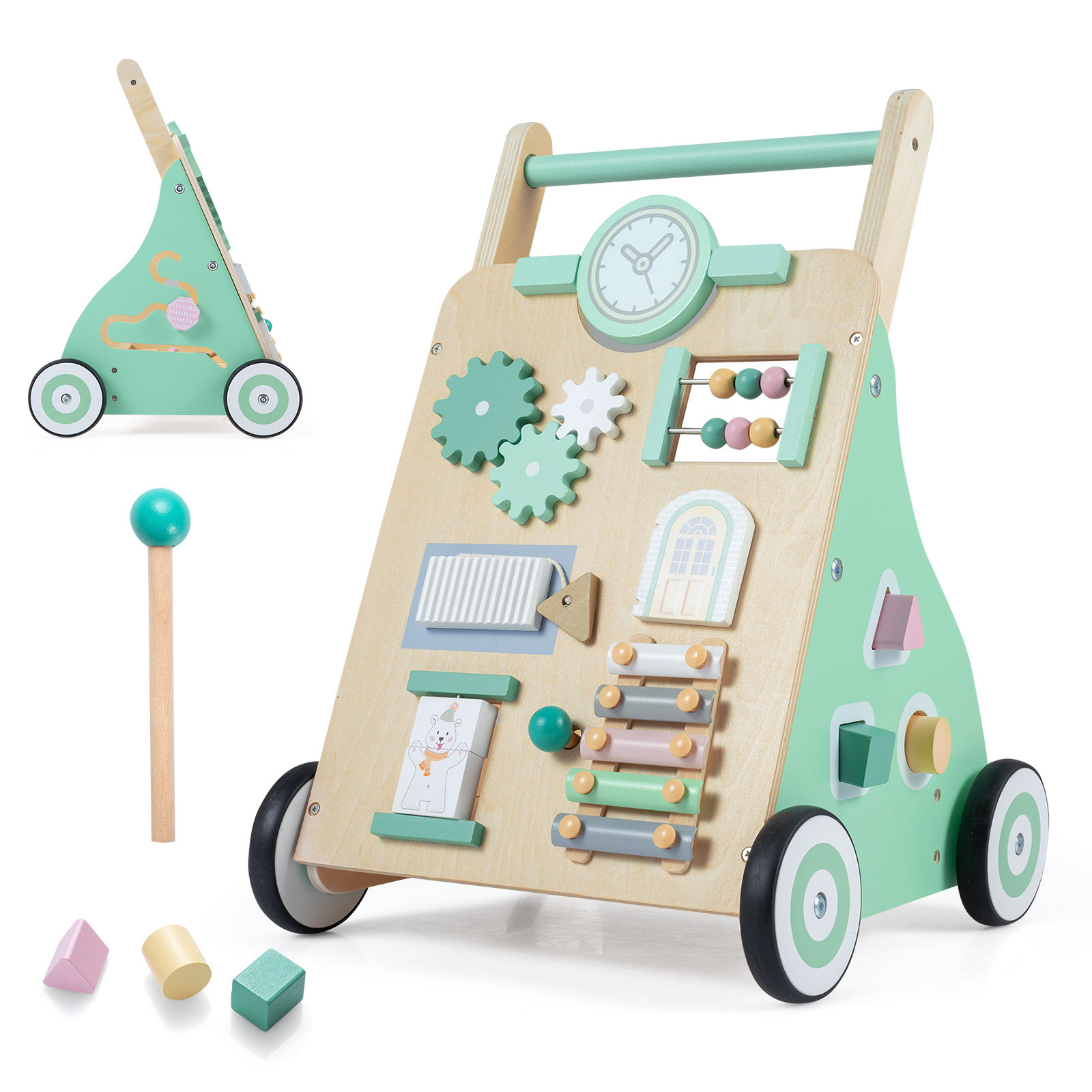 Costway Houten Loopwagen Baby Walker met Activiteitencentrum en 10 Interactieve Activiteiten