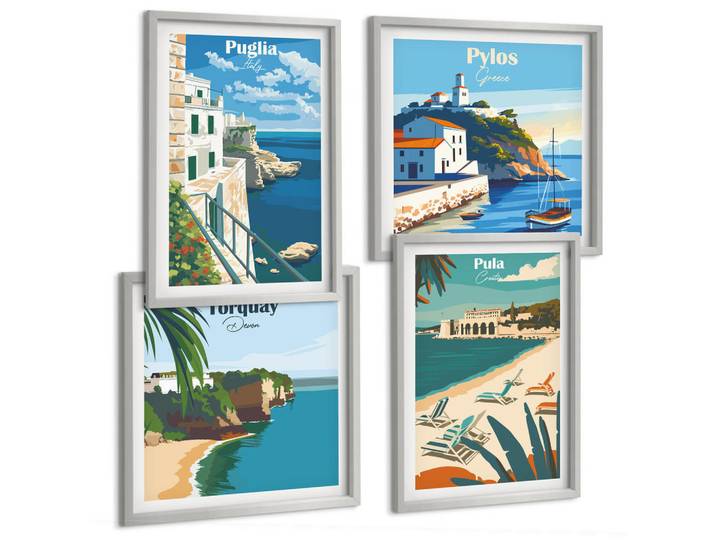Tulup Bilder SET 4er Set - 50x50 cm & 40x60 cm Silberner Rahmen - Touristische Küstenlandschaften, Silberfarben, Kunststoff, Rechteckig, 50x50 cm, gerahmt, Bilder & Rahmen, Bilder