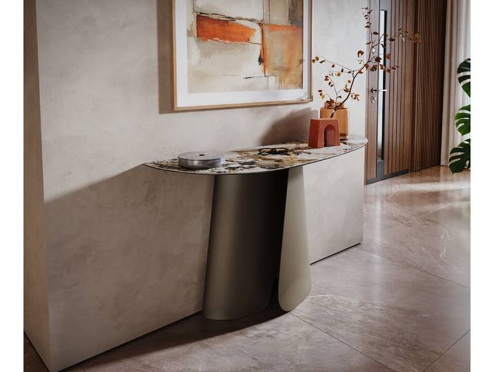 Table console Edge Oval 140x40 cm Céramique Patagonia Poli Livos Métal Finition effet Titan
