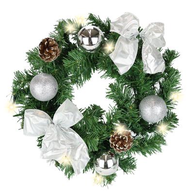 Kunstkranz I.GE.A. "LED-Weihnachtskranz dekoriert", grün (silber), B:30cm H:8cm L:30cm, Kunststoff, Kunstpflanzen, Kranz mit Kugeln Schleifen Beleuchtung Tannenkranz
