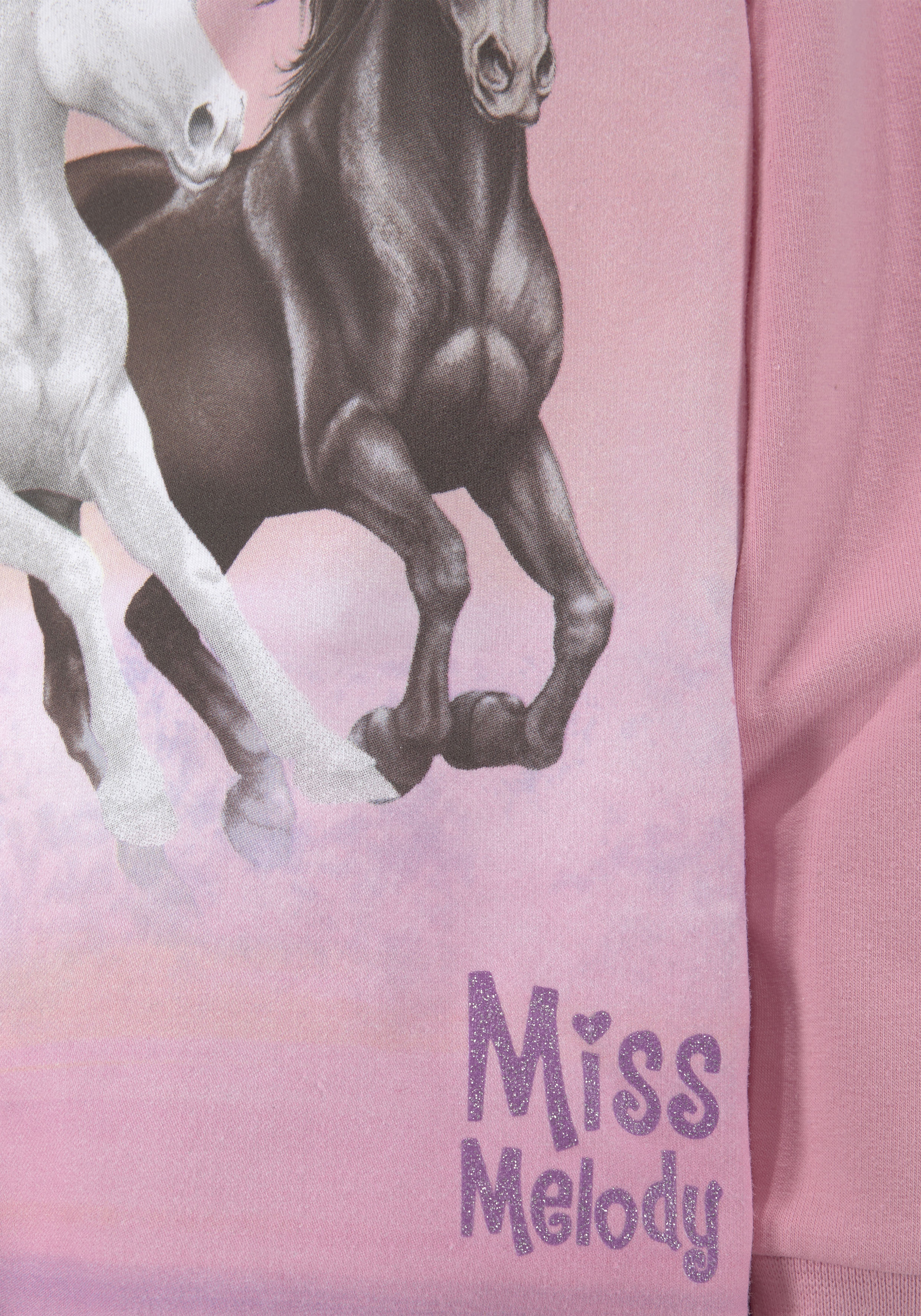 Longsweatshirt MISS MELODY, Mädchen, Gr. 92/98, rosa, Sweatware, Obermaterial: 95% Baumwolle, 5% Elasthan, bedruckt, Basic Po-bedeckend, Rundhals, Bündchen, Sweatshirts Longsweatshirt, für Pferdefreunde rosa 92/98