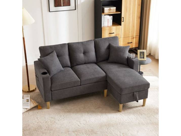 Canapé d'angle convertible - OEM - 3 places - Gris - Espace rangement - 2 coussins