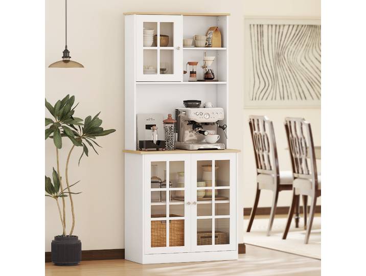HOMCOM Buffet Cuisine 3 Portes Vitrine Verre MDF Blanc Chêne