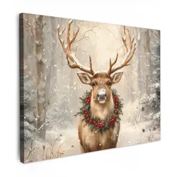 LEINWANDBILD Weihnachten - Rentier - Winter - Kranz Wandbild 40x30 cm