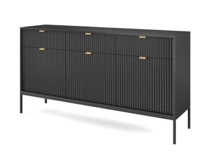 Emporius Sideboard mit Schubladen Galla - Dreitürige Sideboard 150 cm, Wohnzimmer - Gold Griffen, geriffelten Fronten - Schwarz