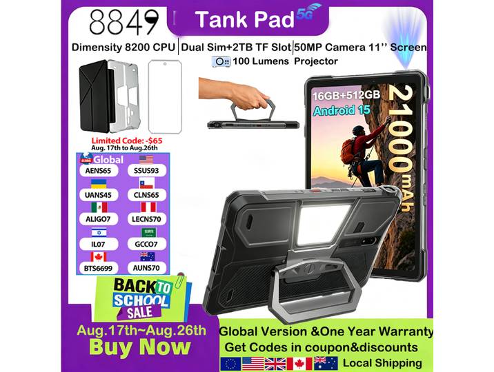 8849 TANK PAD Tablette robuste Unihertz avec projecteur 100 Lumens 5G Android 15 512 Go 21000 mAh 11 pouces Téléphone-tablette étanche 2026