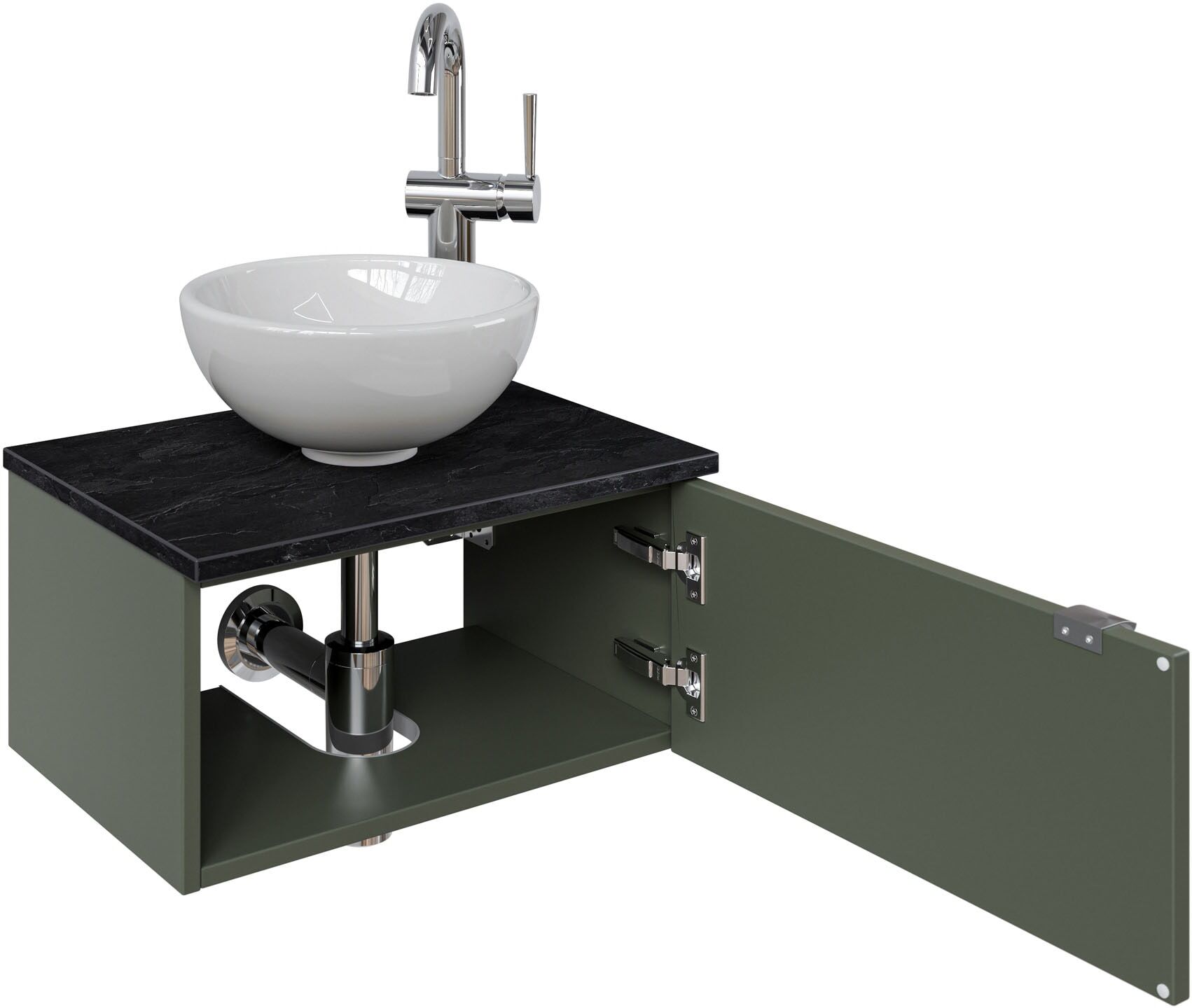Waschtisch SAPHIR "Serie 6915 Waschschale mit Unterschrank für Gästebad, Gäste WC", grün (schilfgrün matt, schiefer, schilfgrün matt touch), B:51cm H:39,8cm T:35cm, Waschtische, Waschtisch, 51 cm mit Keramik-Aufsatzbecken und 1 Tür schilfgrün matt, schief