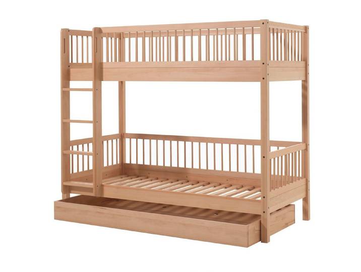 58 aufm Kessel Kinderbett Etagenbett Kelci 2x90x200 mit Bettschublade Leiter Buche massiv natur (inkl. Versand, Lieferung bis Verwendungsstelle), Zusätzlicher Stauraum und Schlafplatz durch Bettschublade