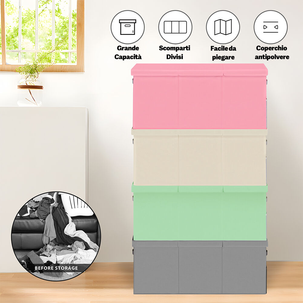 giordanoshop Box Contenitore per Giocattoli 91,5x32x40,5 cm Pieghevole 3 Scomparti 118L in TNT Beige...