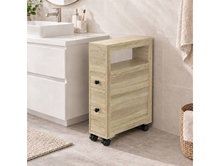 HOMCOM Armoire WC Chêne 2 Tiroirs 16x52x71,5cm sur Roulette