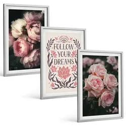 BILDER SET 3er Set - 40x60 cm Silberner Rahmen - Vintage-Rosenträume-Inschrift
