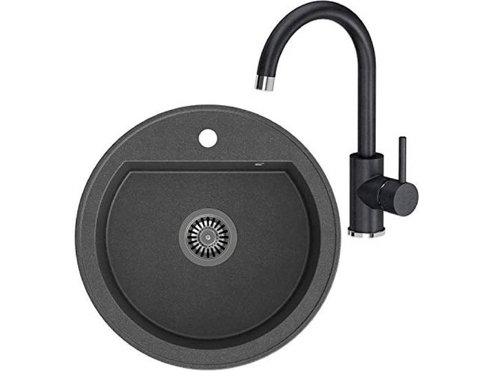 VBChome Spüle Spülbecken Granit 51 cm Einzelbecken Einbauspüle gesprenkelt + Siphon Waschbecken + Wasserhahn Küchenarmatur Einhebel Mischbatterie Kalt-warm Ania Schwarz