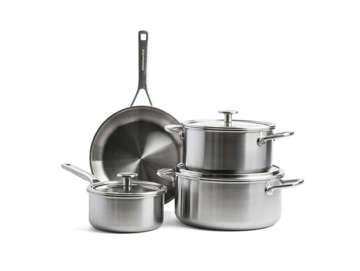 KitchenAid MultiPly 3PLY PFAS-freies 7-teiliges Kochgeschirr-Set aus Edelstahl, inkl. Bratpfanne, Kasserolle, Kochtopf, Dreifach, Multiclad, Induktion, Backofenfest bis 220°C, Spülmaschinenfest,Silber