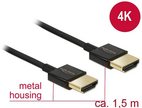 Delock HDMI Anschlusskabel HDMI-A Stecker, HDMI-A Stecker 1.50m Schwarz 84772 4K UHD, vergoldete Steckkontakte HDMI-Kabel