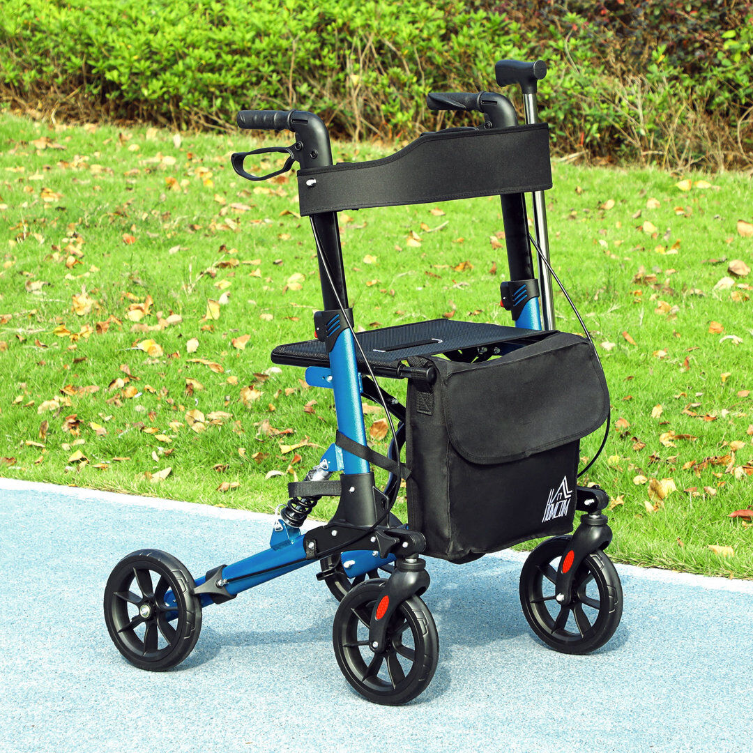 HOMCOM Folding Rollator Walker with Seat Backrest Bag 4 Wheels Blue 94.5cm H