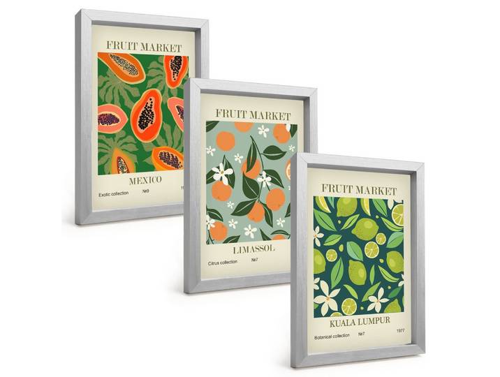 BILDER SET 3er Set - 20x30 cm Silberner Rahmen - Vintage-Poster mit Früchten