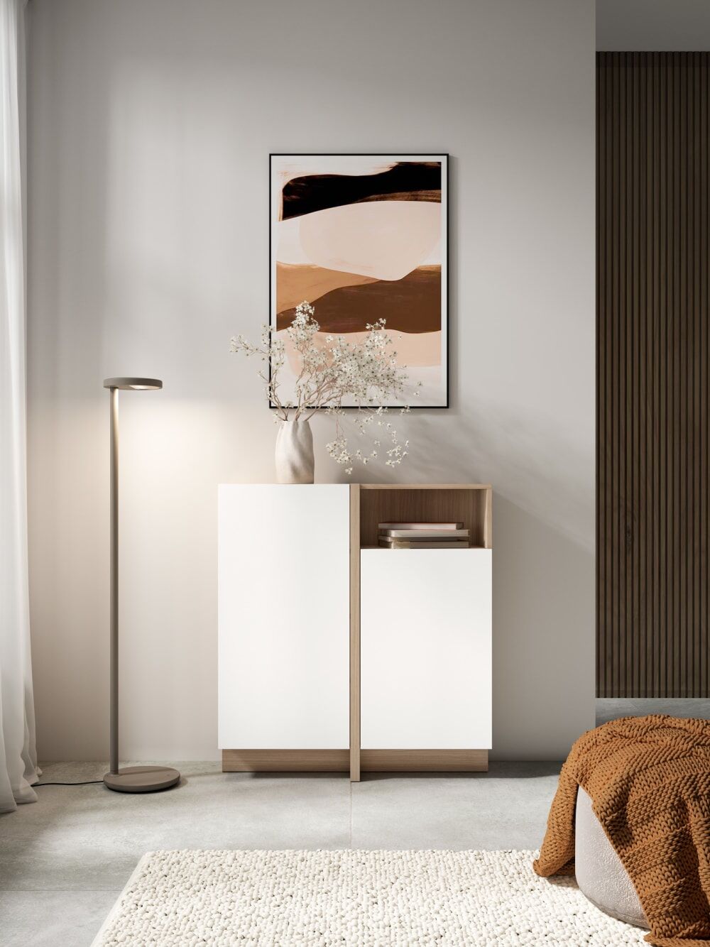 Herdasa Buffet rangement 1 niche 2 portes placard finition noyer clair blanc Blanc 87x94x27cm