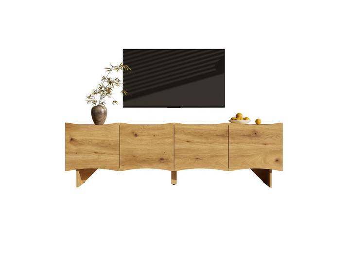 Refined Living TV-Schrank TV-Lowboard 155 cm mit Wellenfront, 4 Fächern & Kabelmanagement (Modernes TV-Lowboard in Holzoptik, Naturfarbe, 155×36×47 cm, 4 separate Staufächer mit 4 Kabeldurchführungen, 1-St., griffloses Design, dekorative Wellenfront, TV-Schrank) Medienkonsole für Wohnzimmer, TV-Bereich & moderne Einrichtung