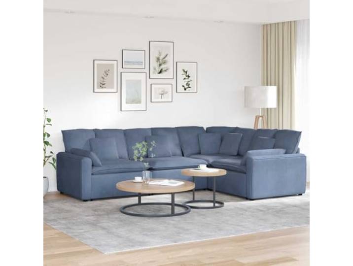 Modulares Sofa mit Kissen aus Cordstoff Blau, 4 Teile mit Metallrahmen 4 modulare Teile, Schaumstofffüllung, Textilene-Sitzflächen, Metallrahmen, Holzarmlehnen, flexible Anordnung, langlebig