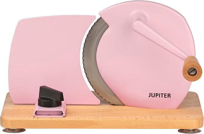 Küchenmaschine manueller Allesschneider mit Kurbel und Holzplatte (hellrosa)