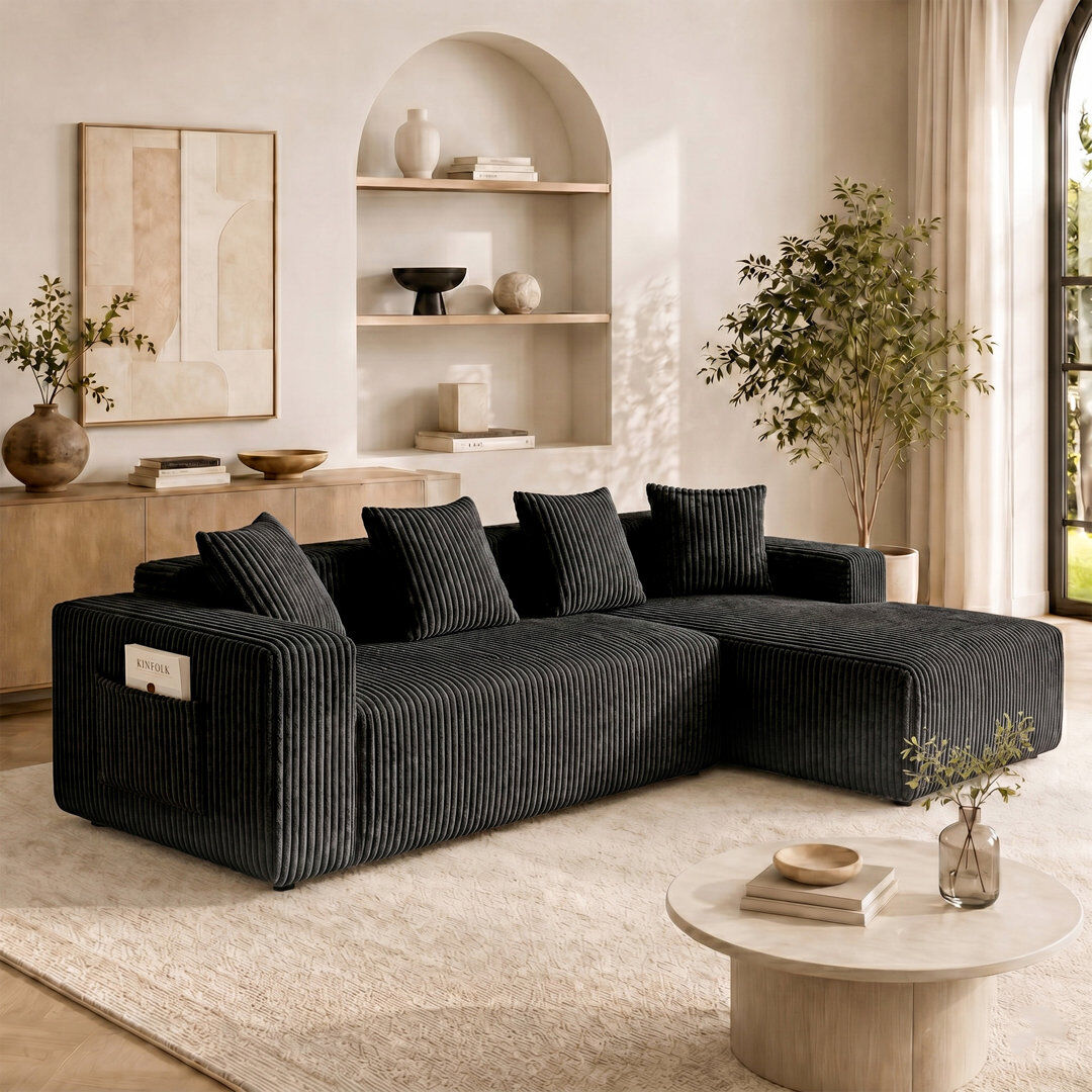 Metro Modern Oversized 262cm Boneless Corner Sofa L-Shaped Corduroy Sofa With Storage Pockets Black 80cm H X 261cm W X 156cm D