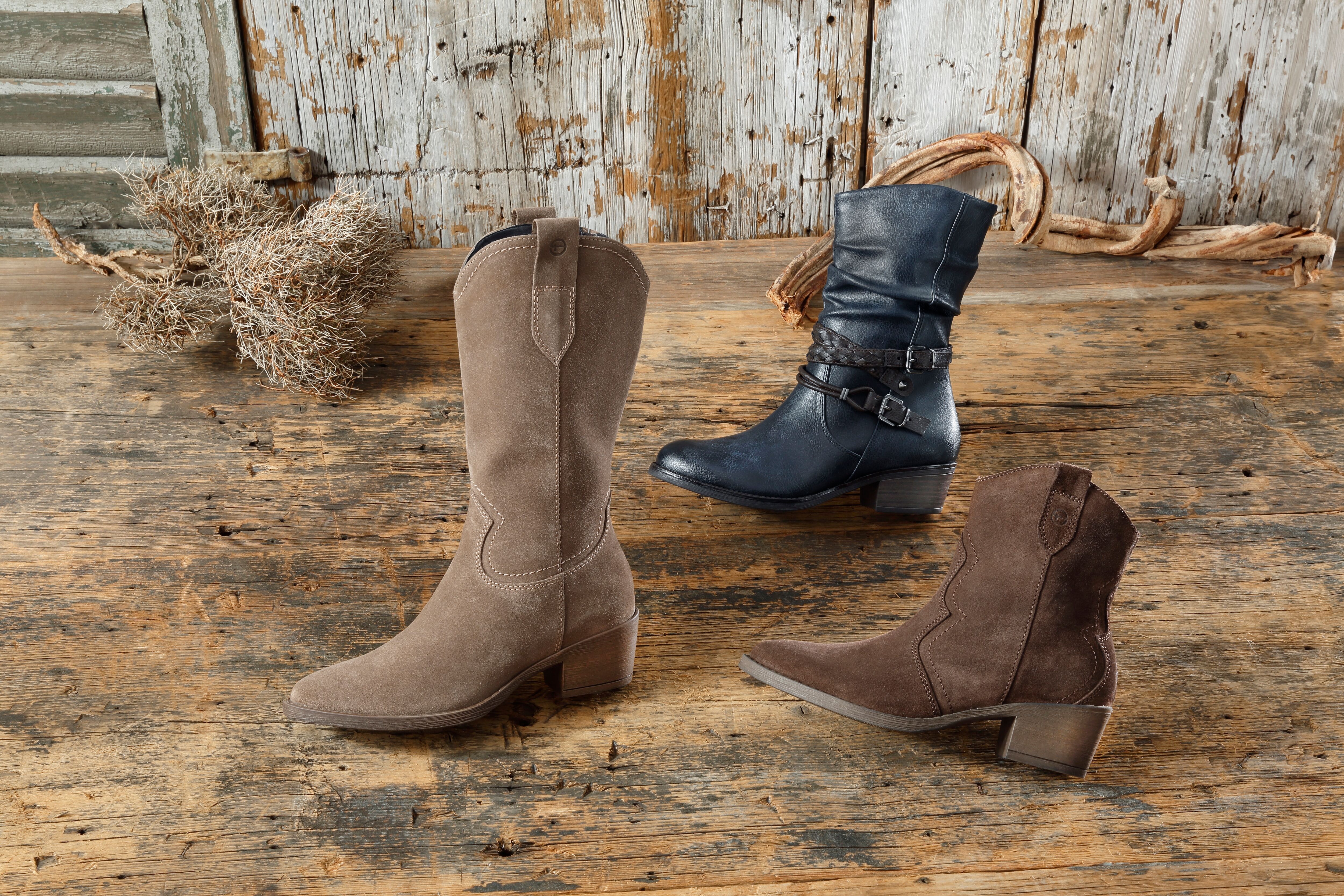 Westernstiefel TAMARIS, Damen, Gr. 38, Textil, Normalschaft, braun, Veloursleder, unifarben, Schuhe Westernstiefel, Blockabsatz, Cowboystiefel in spitzer Form braun 38, Textil, Normalschaft