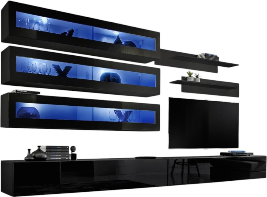 Meublorama FLY J2 Wandmeubelset met LED en glazen deuren, zwart