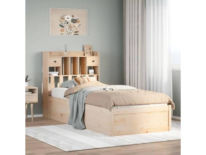 RJPLMFV Bettgestell, Kiefernholz, 75 x 190 cm, mit Aufbewahrung Lattenrost inklusive, 3 Fächer und 2 Schubladen, Kopfteil mit Rückenstütze, robust und stabil